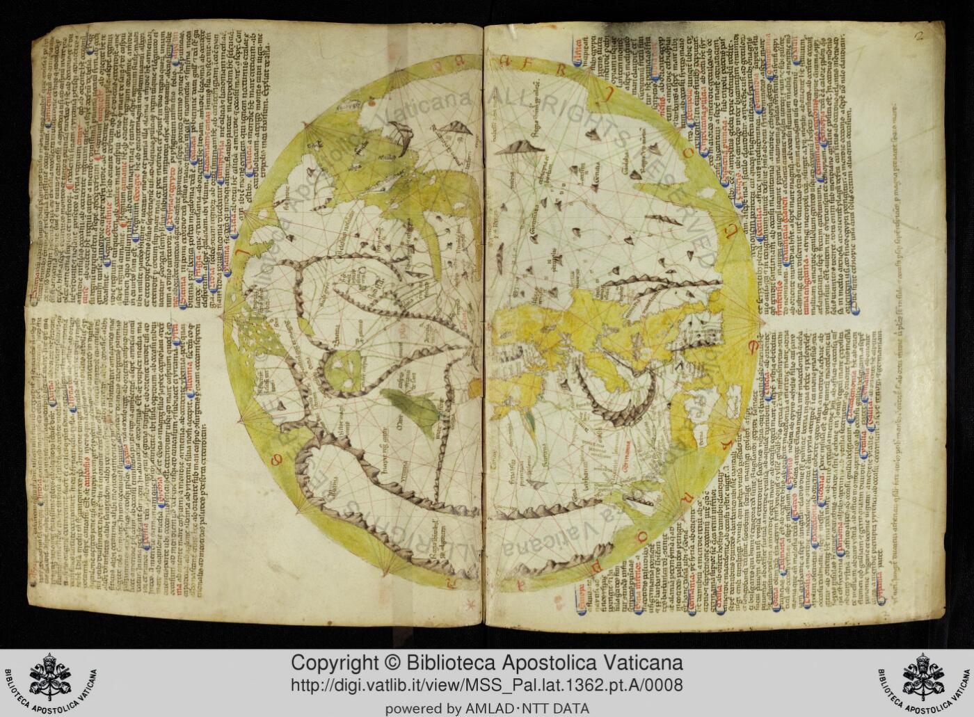 Map: World map (mappamundi) and portolan charts by Pietro Vesconte in a Sanudo manuscript…, Pietro Vesconte, c. 1320