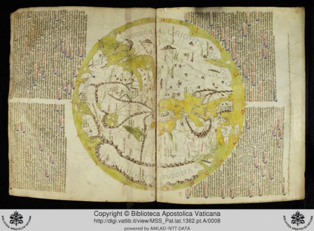 Map: World map (mappamundi) and portolan charts by Pietro Vesconte in a Sanudo manuscript…, Pietro Vesconte, c. 1320