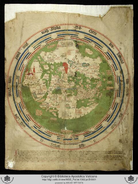 Map: World map (mappamundi) of Andreas Walsperger, Konstanz 1448, Vatican Pal. lat. 1362 pt. B, Andreas Walsperger, 1448